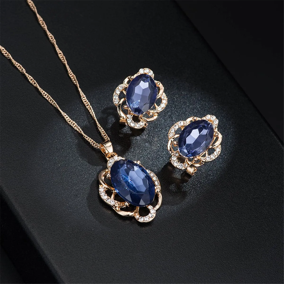 Blue & 18K Rose Gold-Plated Oval Pendant Necklace & Stud Earrings