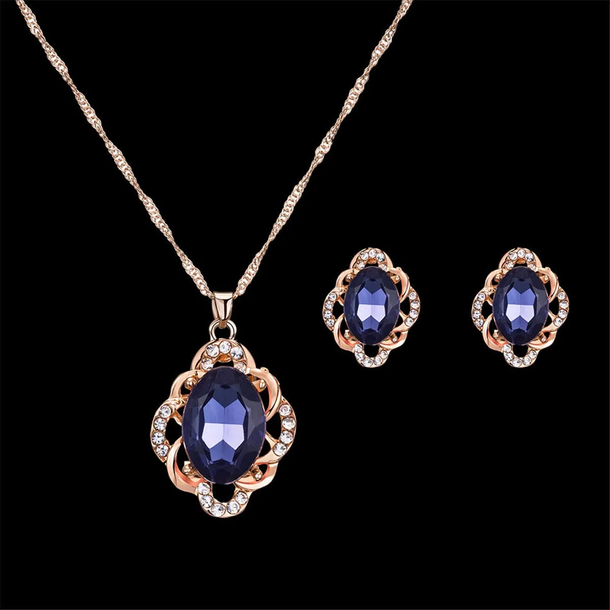 Blue & 18K Rose Gold-Plated Oval Pendant Necklace & Stud Earrings
