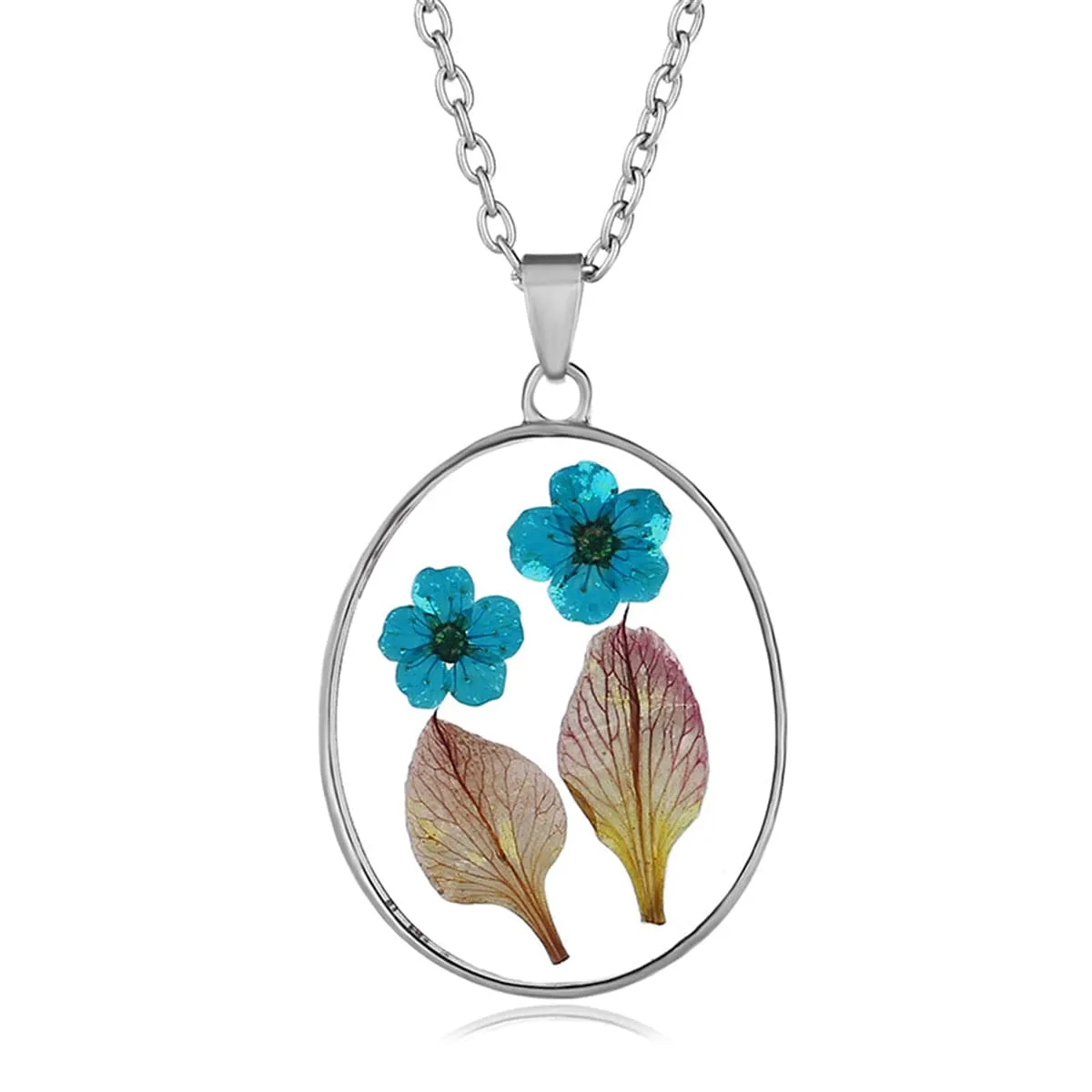 Blue & Green Pressed Flower Oval Pendant Necklace