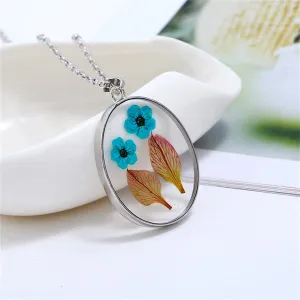 Blue & Green Pressed Flower Oval Pendant Necklace
