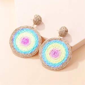 Blue & Pink Raffia Round Drop Earrings