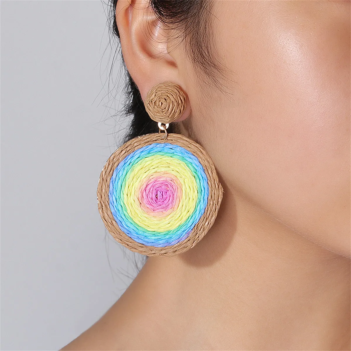 Blue & Pink Raffia Round Drop Earrings