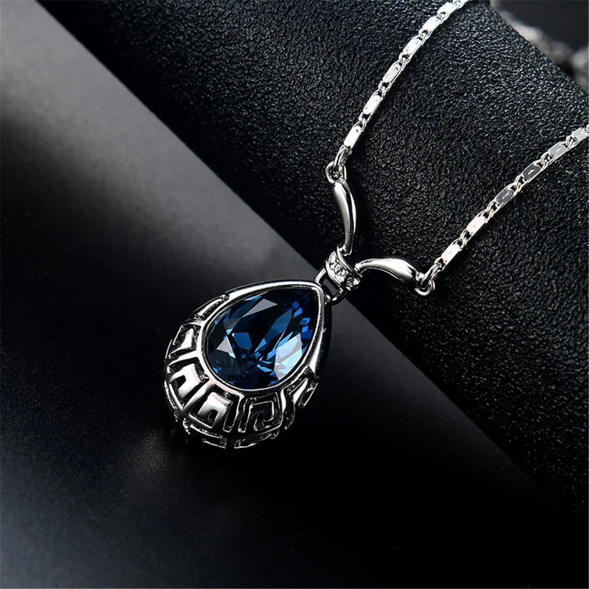 Blue & Silver-Plated Greek Key Pendant Necklace & Drop Earrings