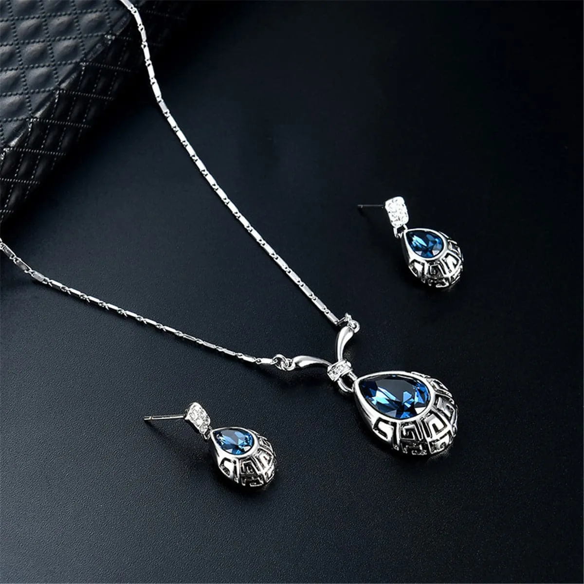 Blue & Silver-Plated Greek Key Pendant Necklace & Drop Earrings