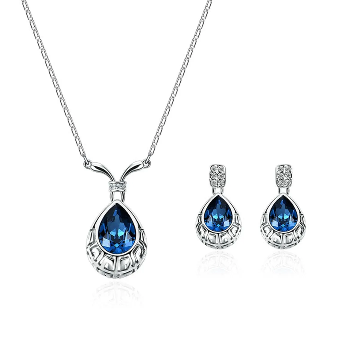 Blue & Silver-Plated Greek Key Pendant Necklace & Drop Earrings