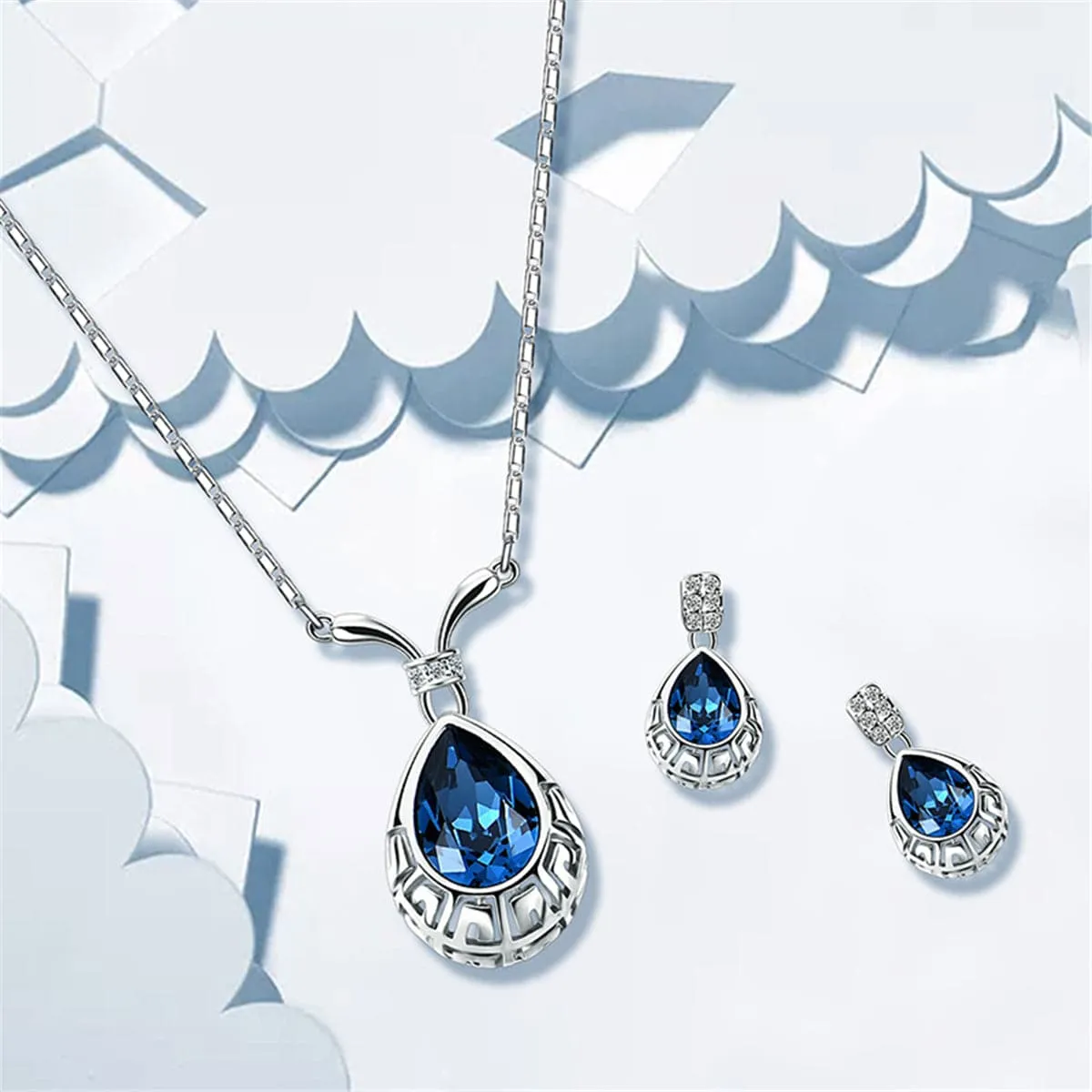Blue & Silver-Plated Greek Key Pendant Necklace & Drop Earrings