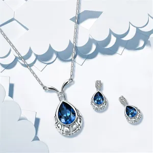 Blue & Silver-Plated Greek Key Pendant Necklace & Drop Earrings