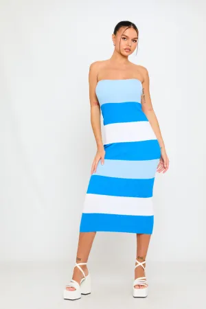Blue & White Striped Strapless Midi Dress | Fresh & Playful | Summer Chic