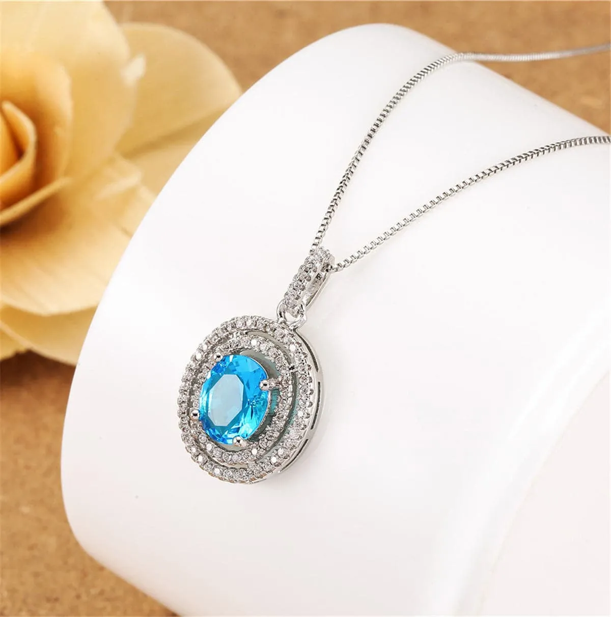 Blue Crystal & Cubic Zirconia Oval Double Halo Pendant Necklace
