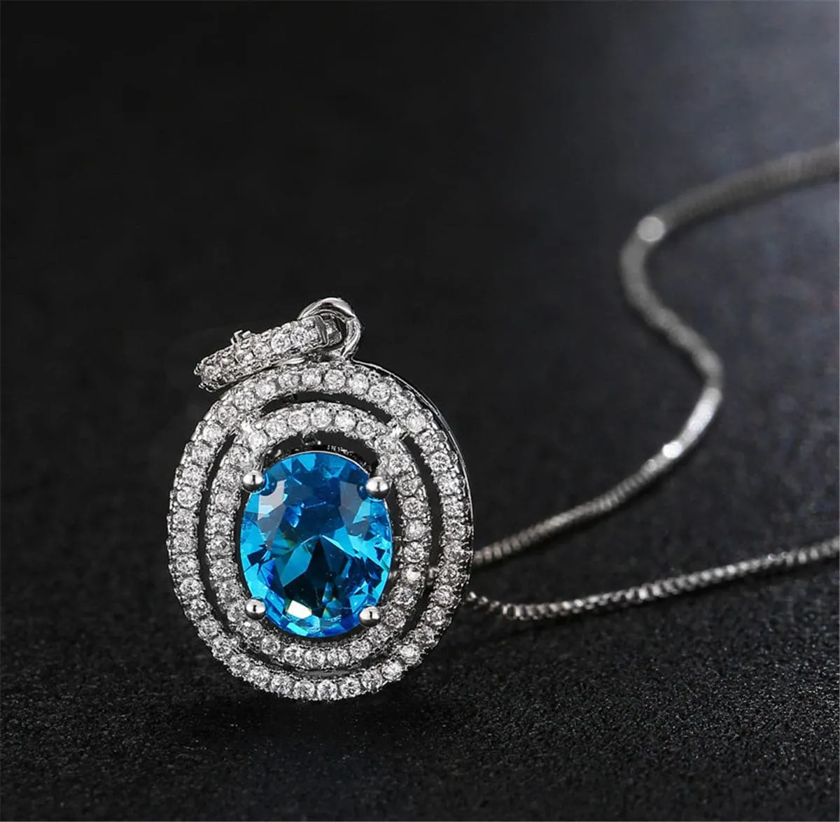 Blue Crystal & Cubic Zirconia Oval Double Halo Pendant Necklace