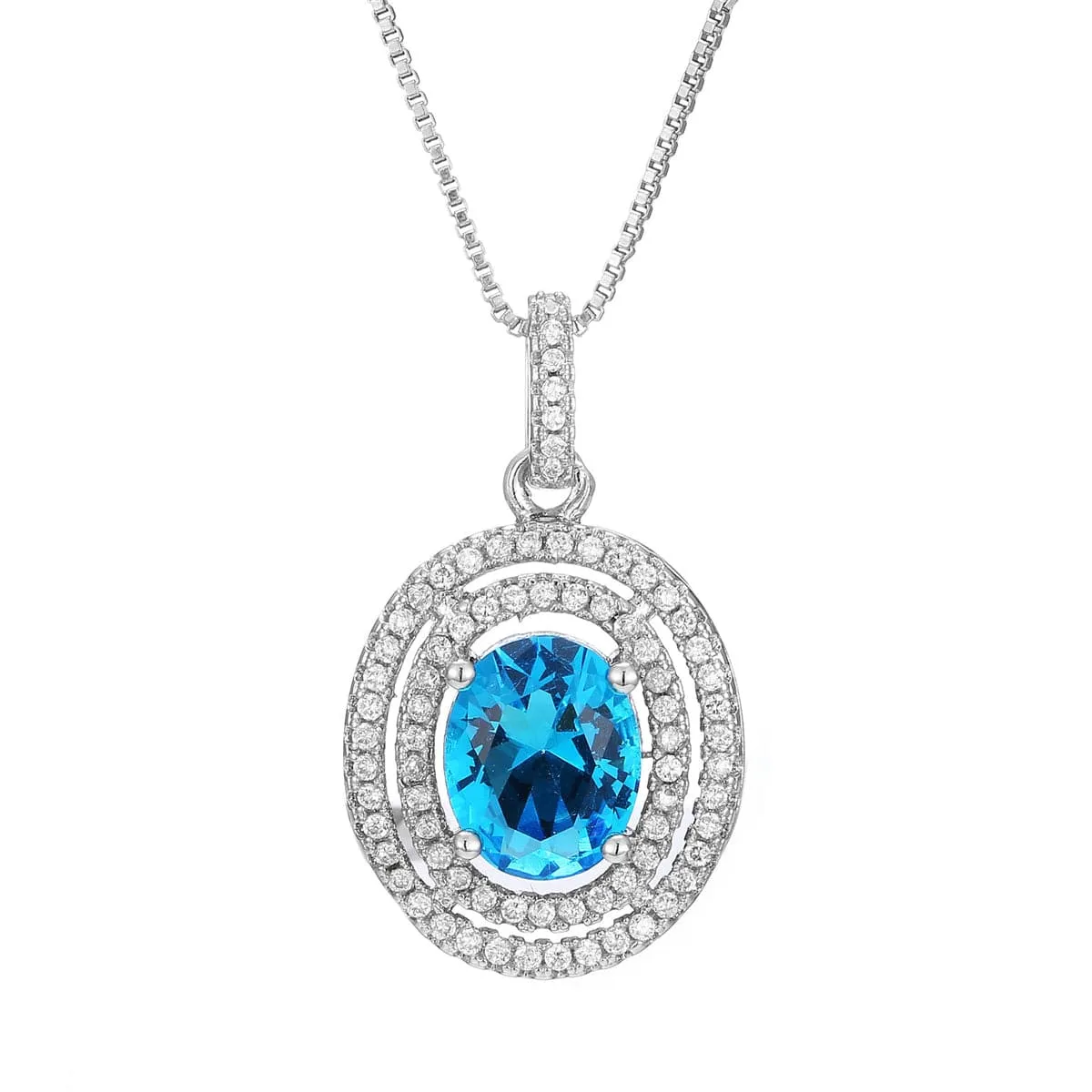 Blue Crystal & Cubic Zirconia Oval Double Halo Pendant Necklace