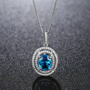 Blue Crystal & Cubic Zirconia Oval Double Halo Pendant Necklace