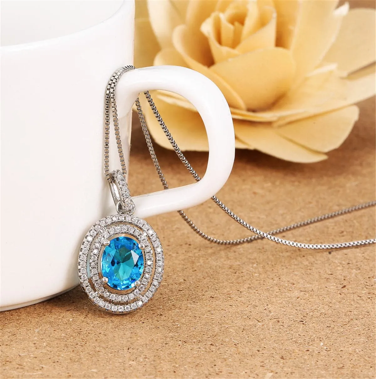 Blue Crystal & Cubic Zirconia Oval Double Halo Pendant Necklace
