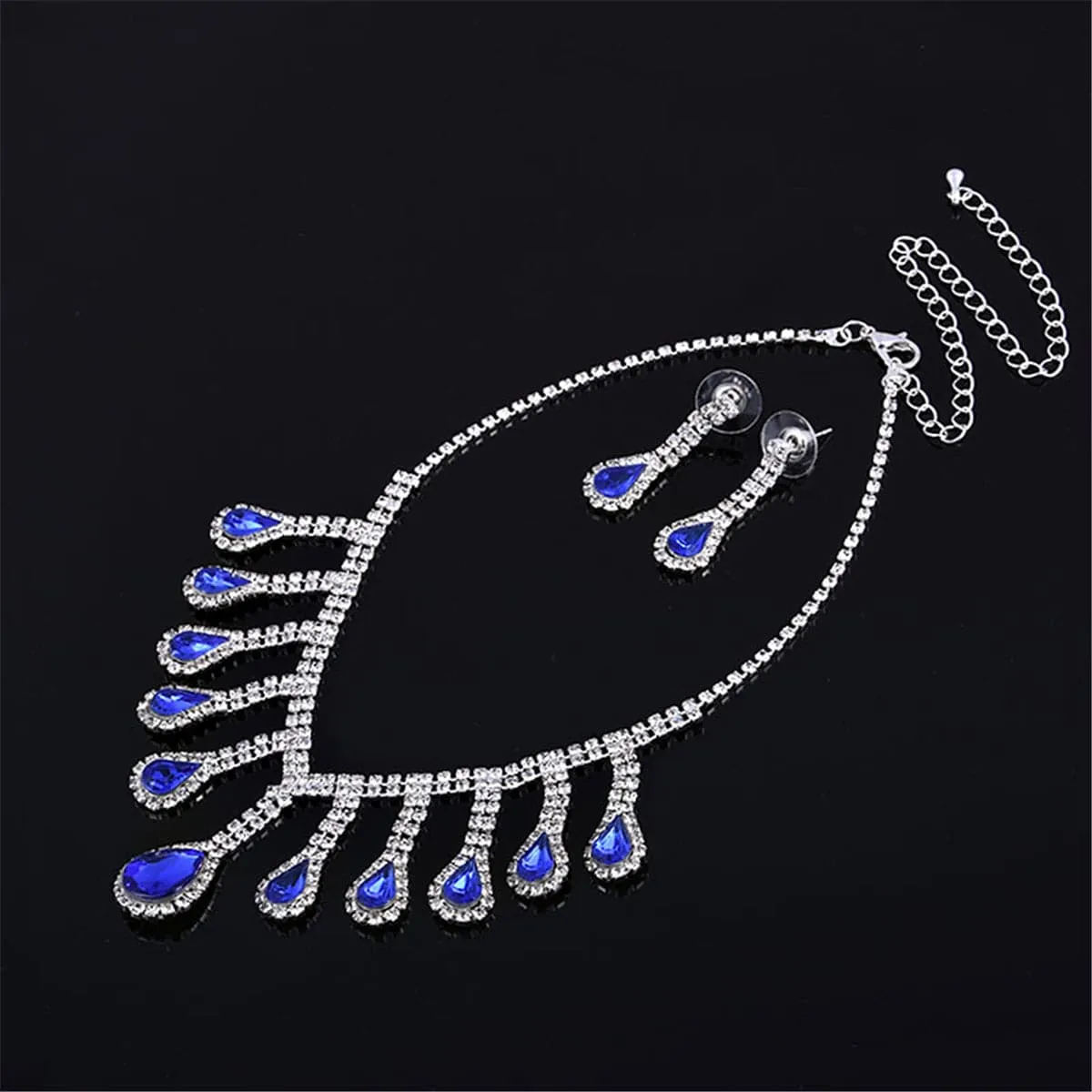 Blue Crystal & Cubic Zirconia Pear Statement Necklace & Drop Earrings