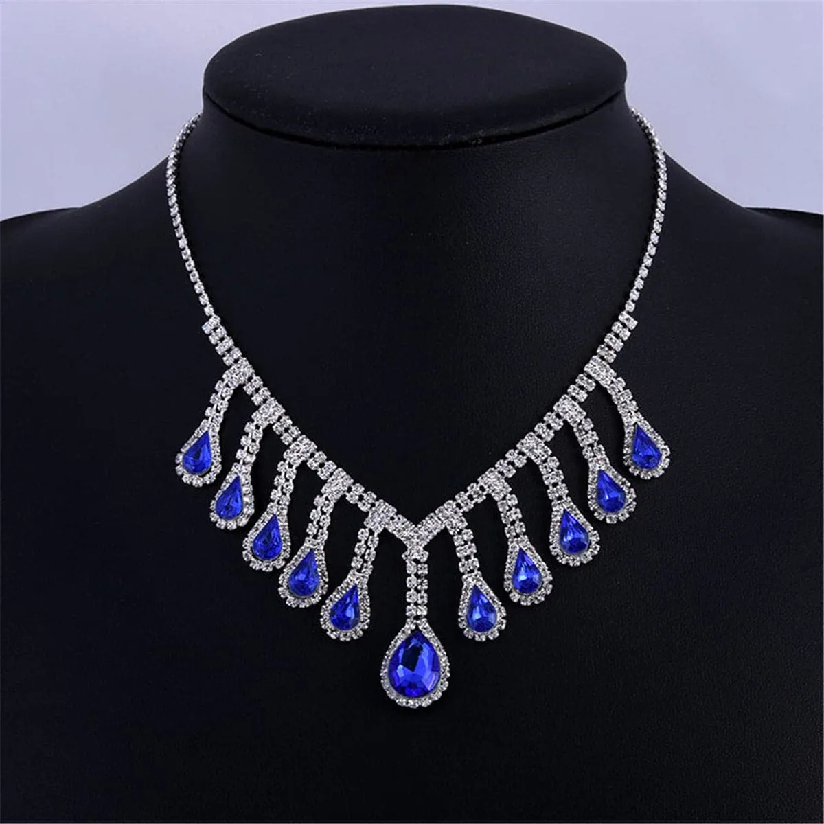 Blue Crystal & Cubic Zirconia Pear Statement Necklace & Drop Earrings
