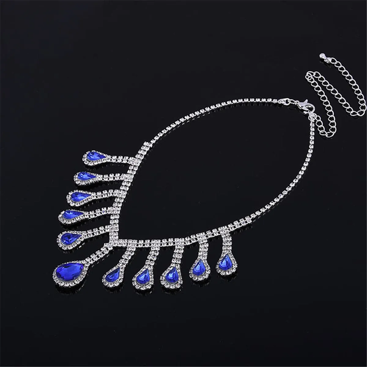 Blue Crystal & Cubic Zirconia Pear Statement Necklace & Drop Earrings