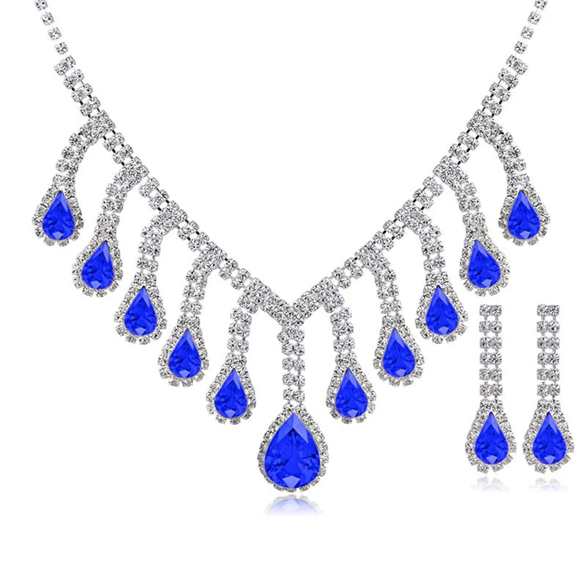 Blue Crystal & Cubic Zirconia Pear Statement Necklace & Drop Earrings