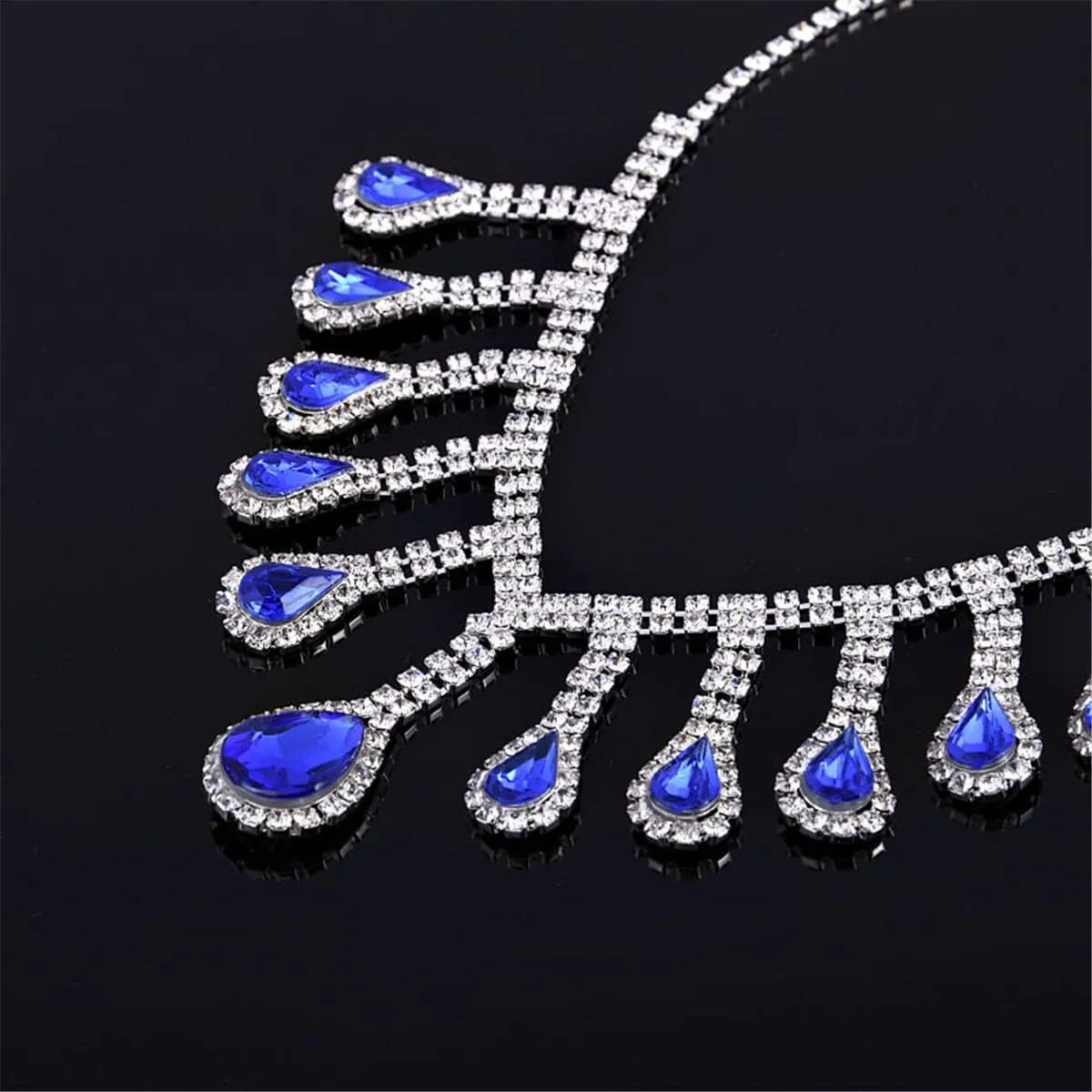 Blue Crystal & Cubic Zirconia Pear Statement Necklace & Drop Earrings