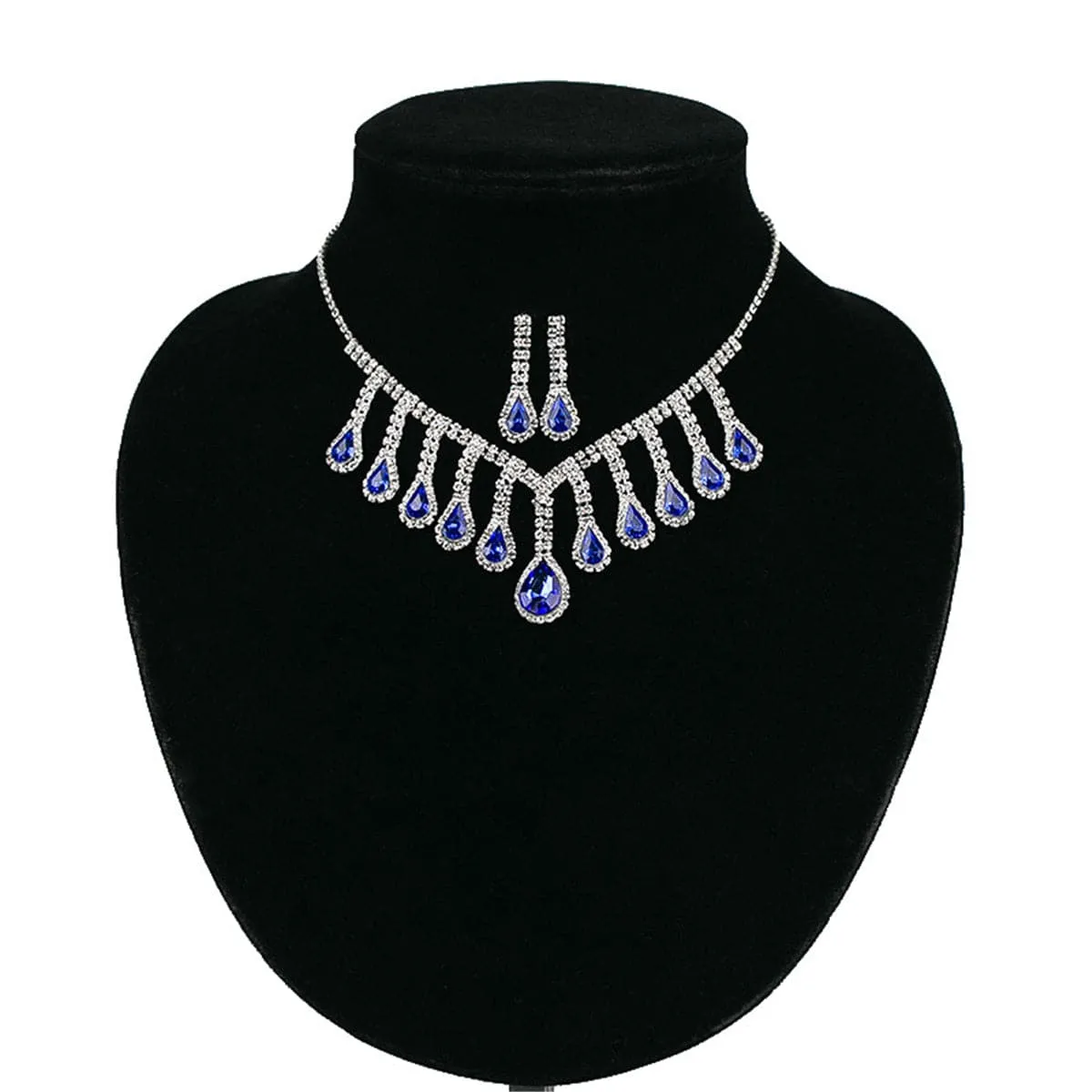 Blue Crystal & Cubic Zirconia Pear Statement Necklace & Drop Earrings