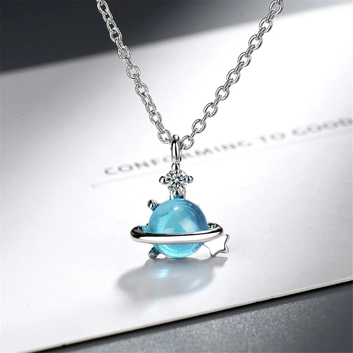 Blue Crystal & Cubic Zirconia Planet Pendant Necklace