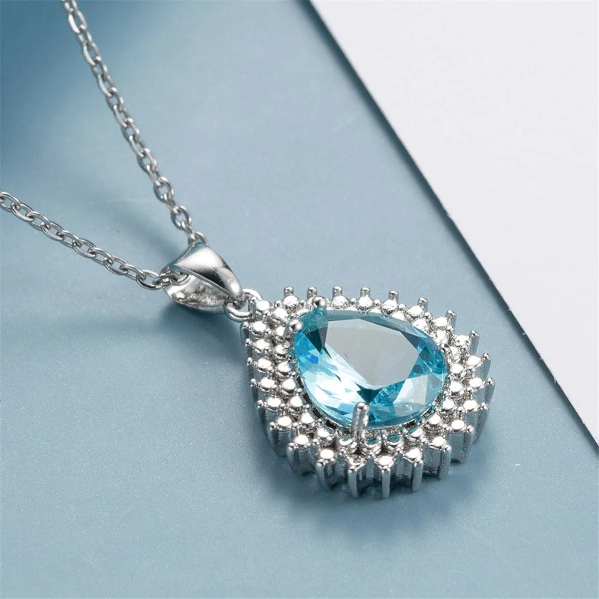 Blue Crystal & Silver-Plated Pear Pendant Necklace