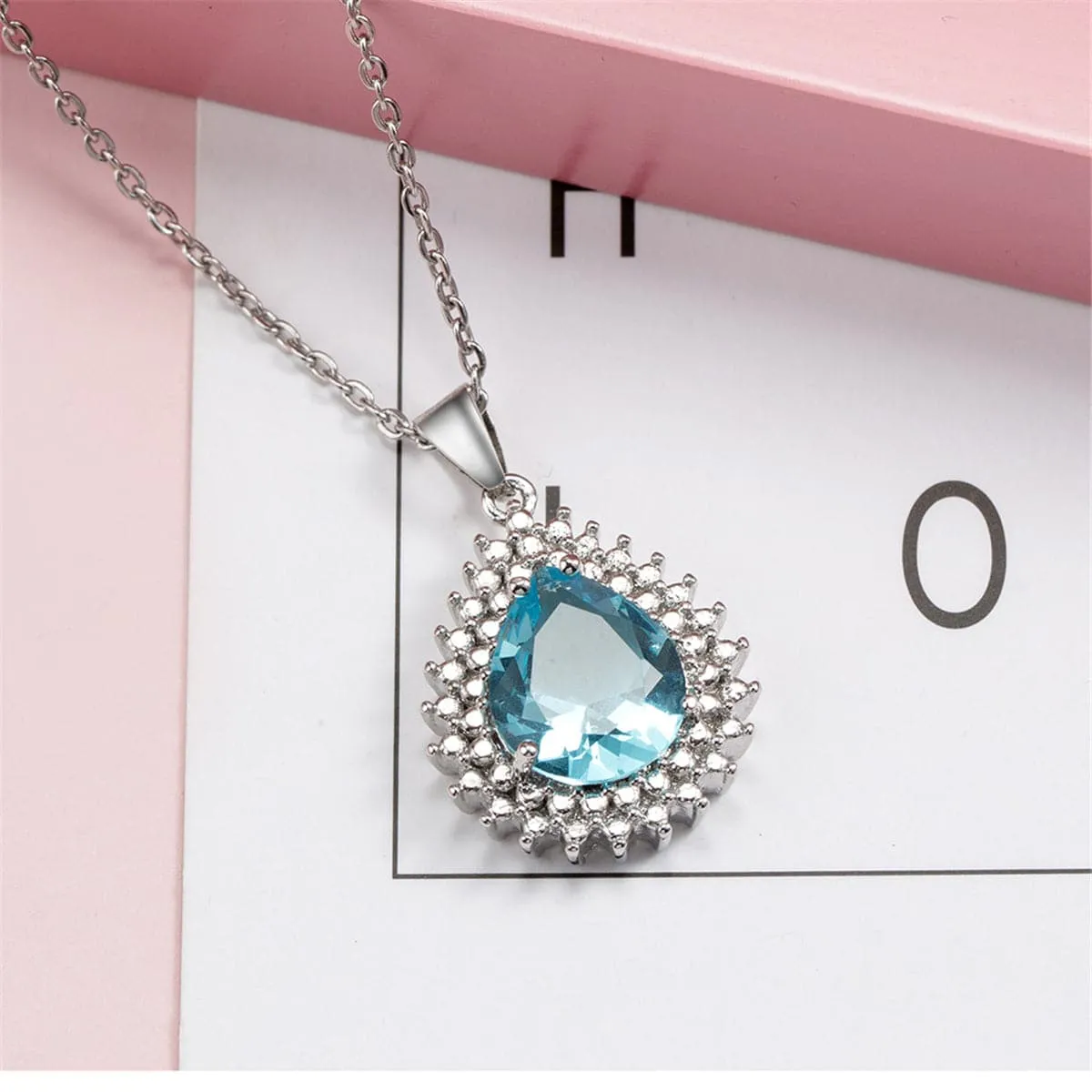 Blue Crystal & Silver-Plated Pear Pendant Necklace