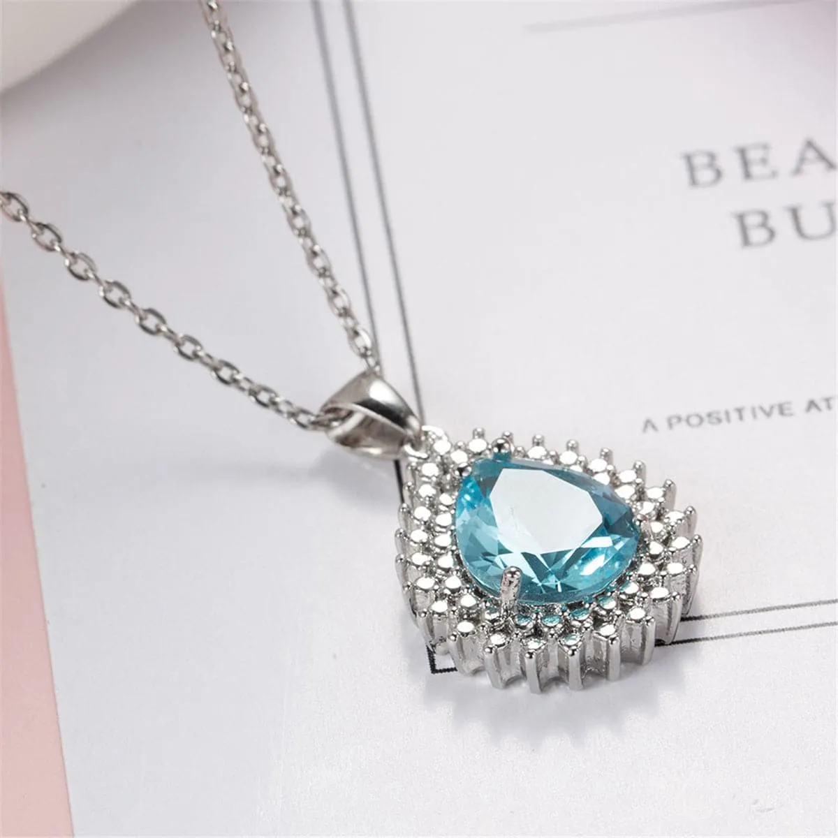 Blue Crystal & Silver-Plated Pear Pendant Necklace