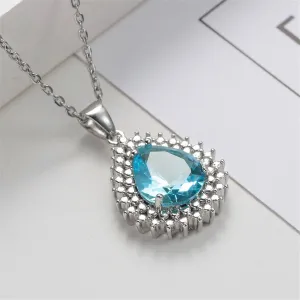 Blue Crystal & Silver-Plated Pear Pendant Necklace