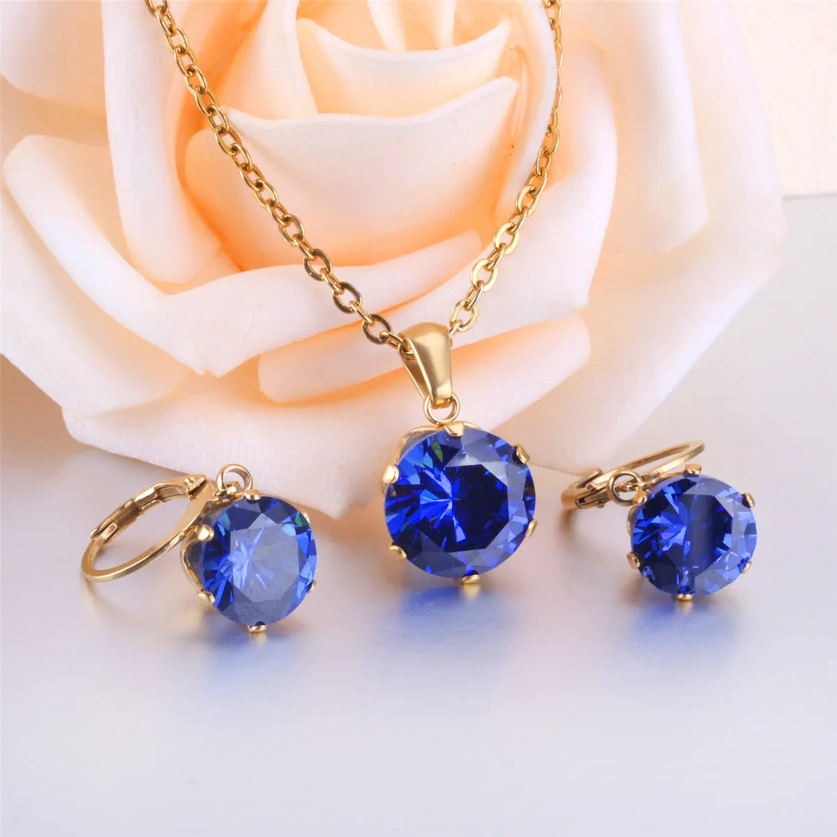Blue Cubic Zirconia & 18K Gold-Plated Huggie Earrings & Pendant Necklace