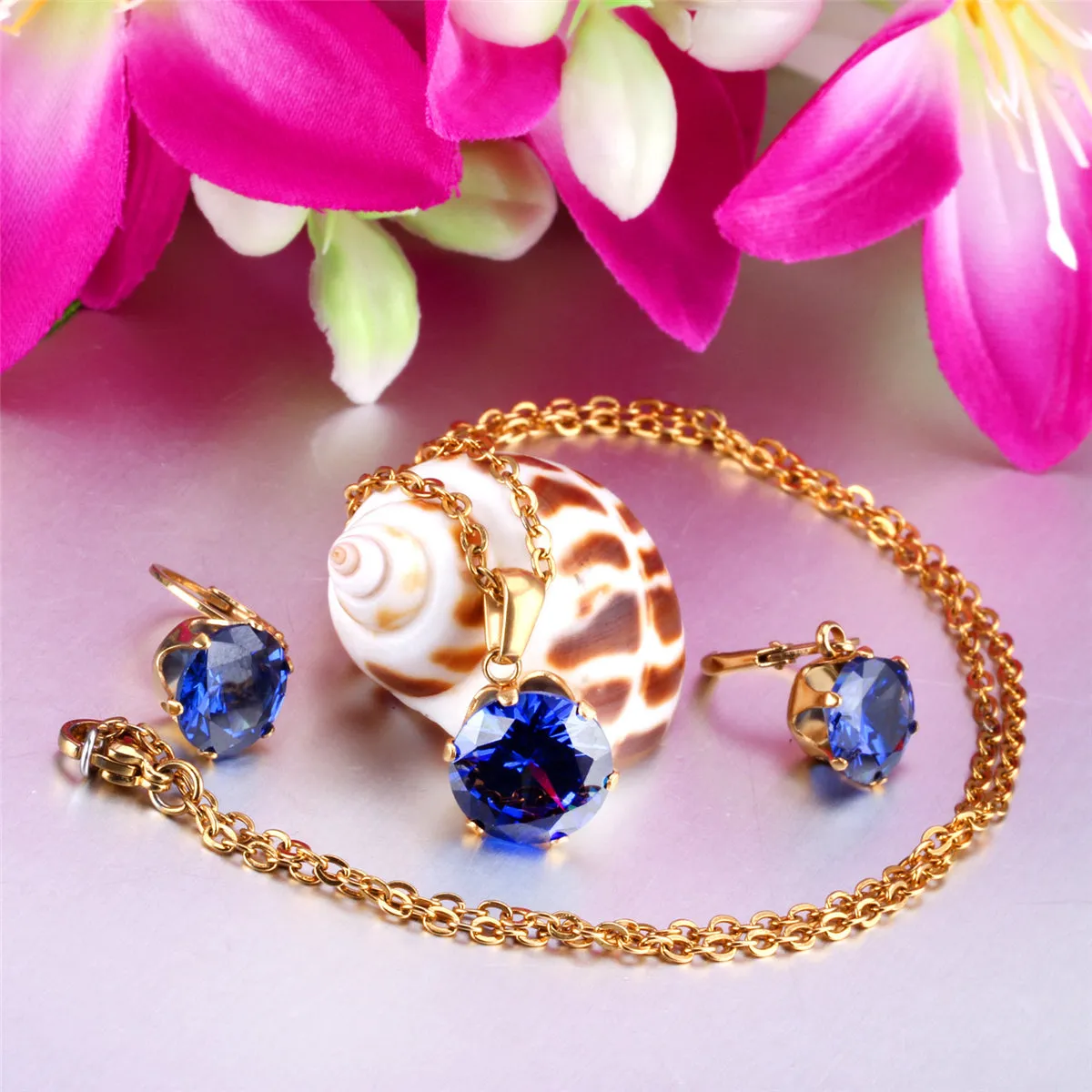 Blue Cubic Zirconia & 18K Gold-Plated Huggie Earrings & Pendant Necklace