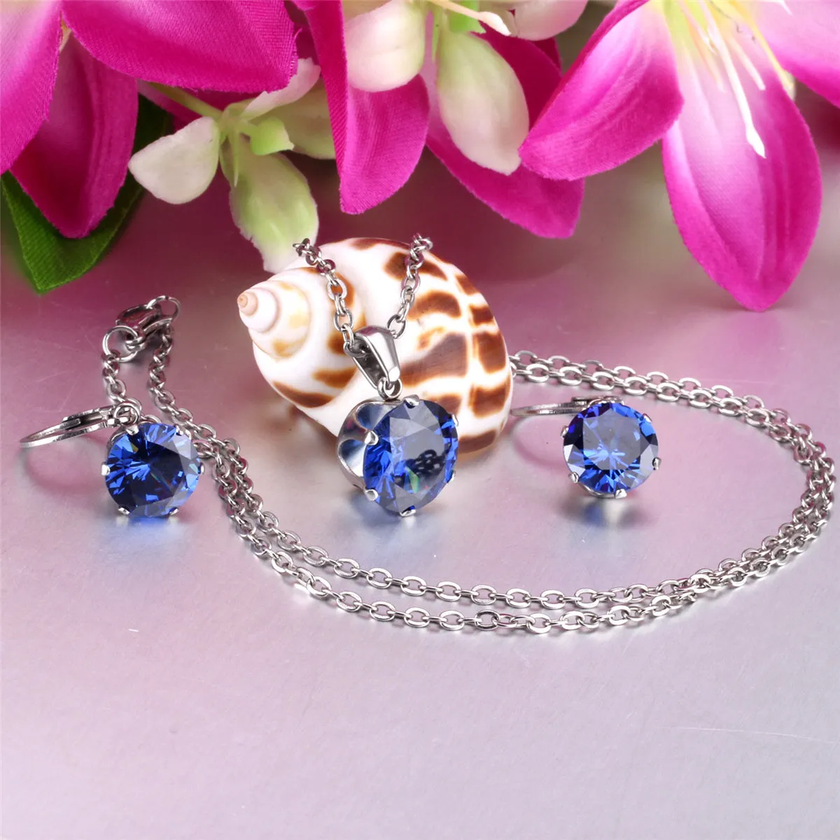 Blue Cubic Zirconia & Silver-Plated Huggie Earrings & Pendant Necklace