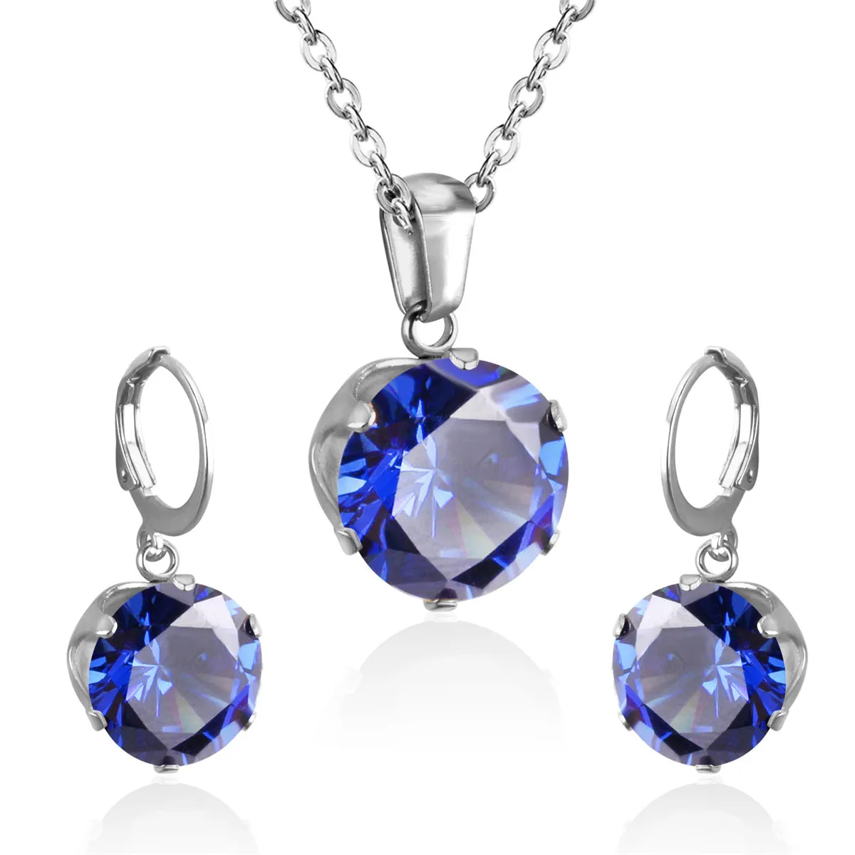 Blue Cubic Zirconia & Silver-Plated Huggie Earrings & Pendant Necklace