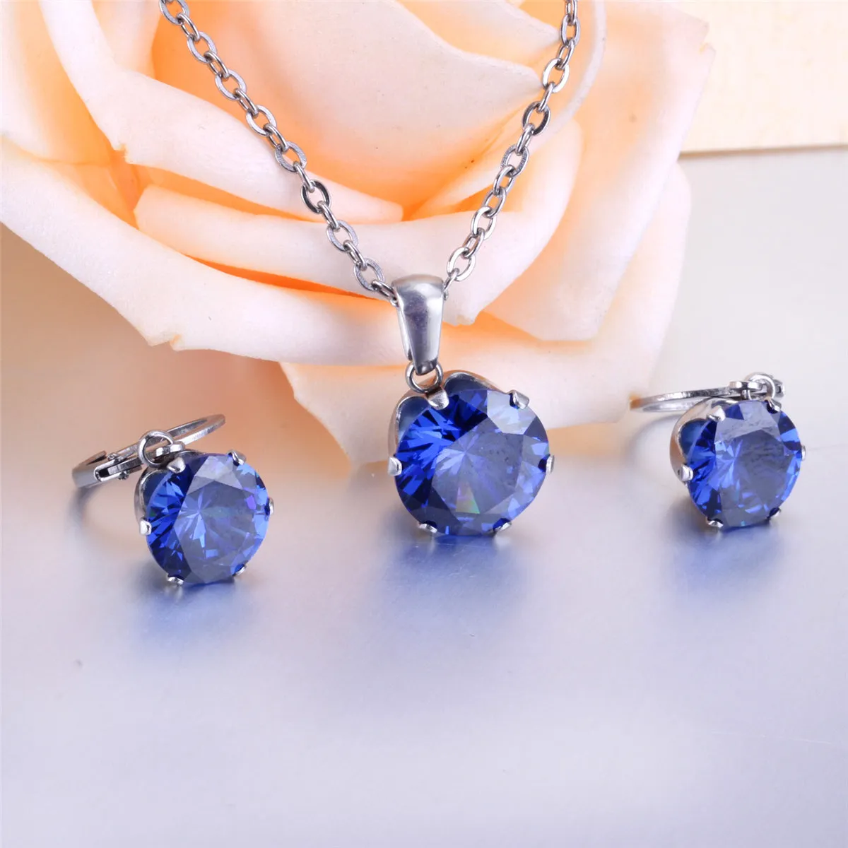 Blue Cubic Zirconia & Silver-Plated Huggie Earrings & Pendant Necklace