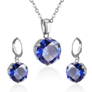 Blue Cubic Zirconia & Silver-Plated Huggie Earrings & Pendant Necklace