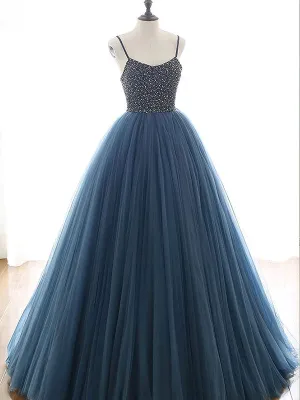 Blue Long Sequin Beaded Ball Gown Sexy Spaghetti Straps Tulle Long Prom Evening Dress STB1514