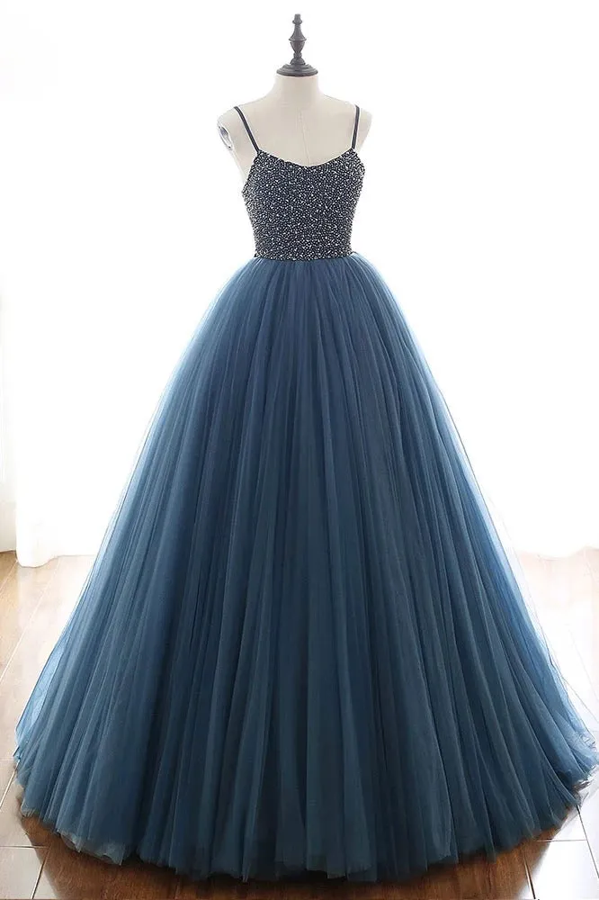 Blue Long Sequin Beaded Ball Gown Sexy Spaghetti Straps Tulle Long Prom Evening Dress STB1514