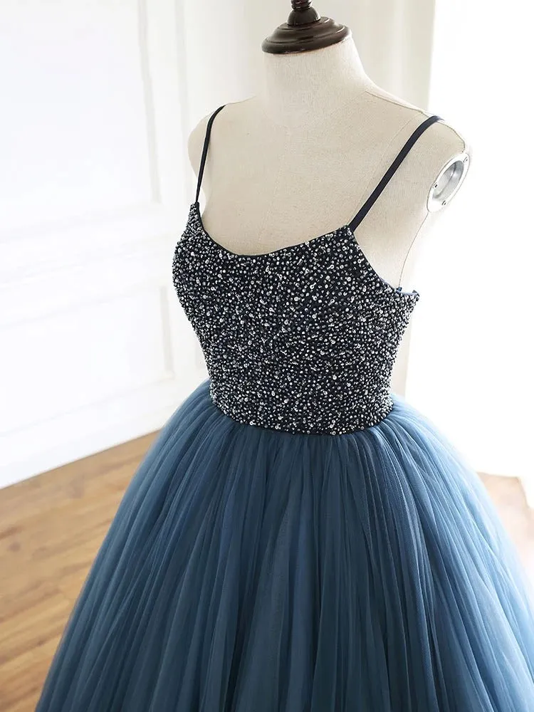 Blue Long Sequin Beaded Ball Gown Sexy Spaghetti Straps Tulle Long Prom Evening Dress STB1514