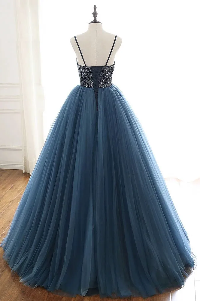 Blue Long Sequin Beaded Ball Gown Sexy Spaghetti Straps Tulle Long Prom Evening Dress STB1514