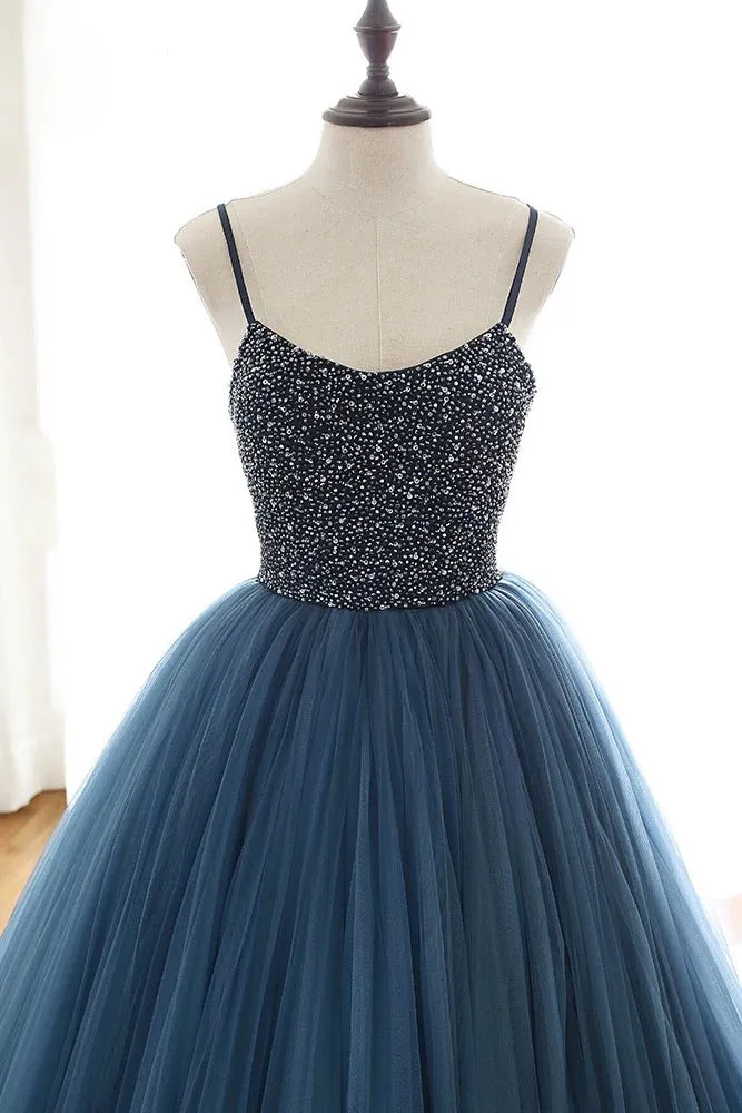 Blue Long Sequin Beaded Ball Gown Sexy Spaghetti Straps Tulle Long Prom Evening Dress STB1514