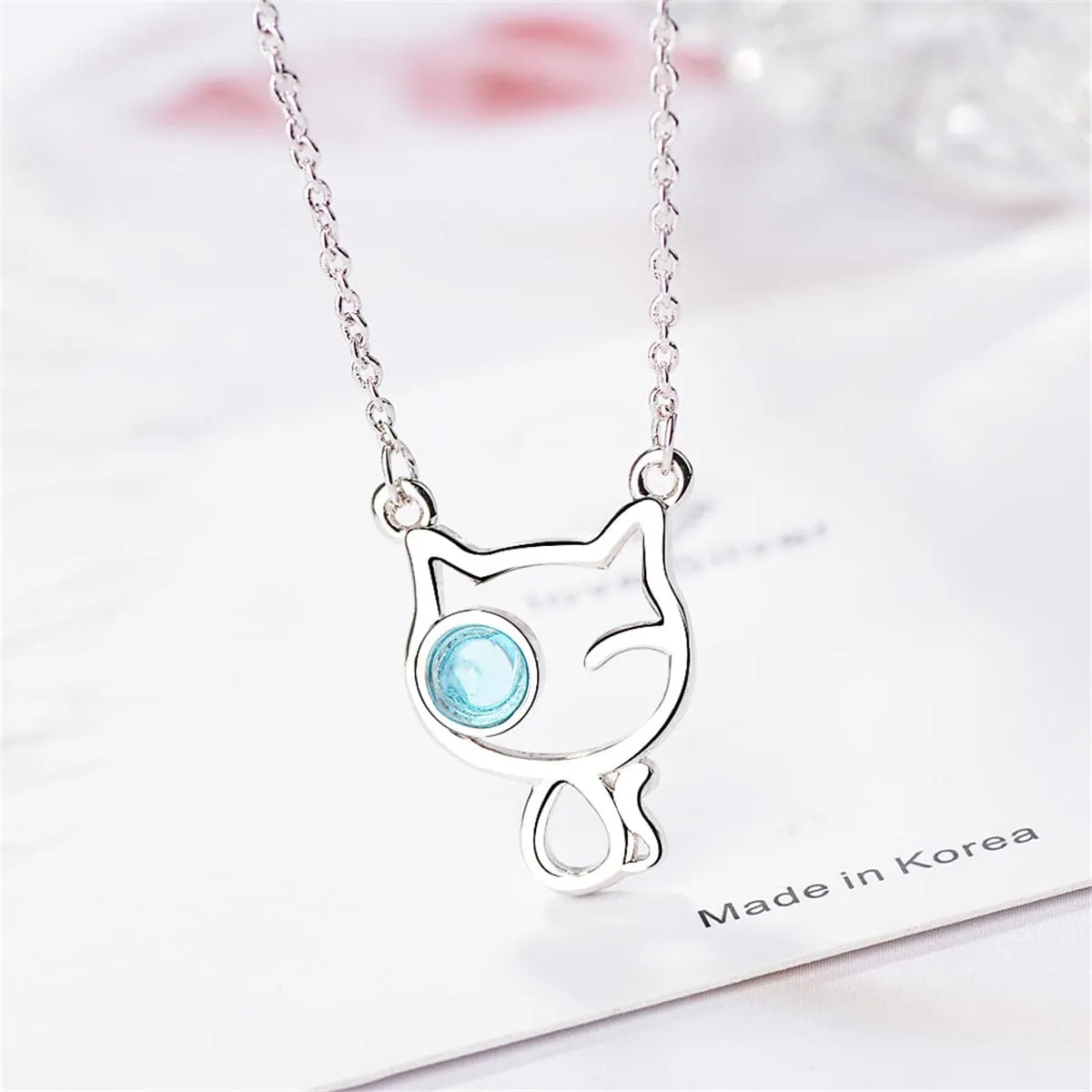 Blue Moonstone & Silver-Plated Cat Pendant Necklace