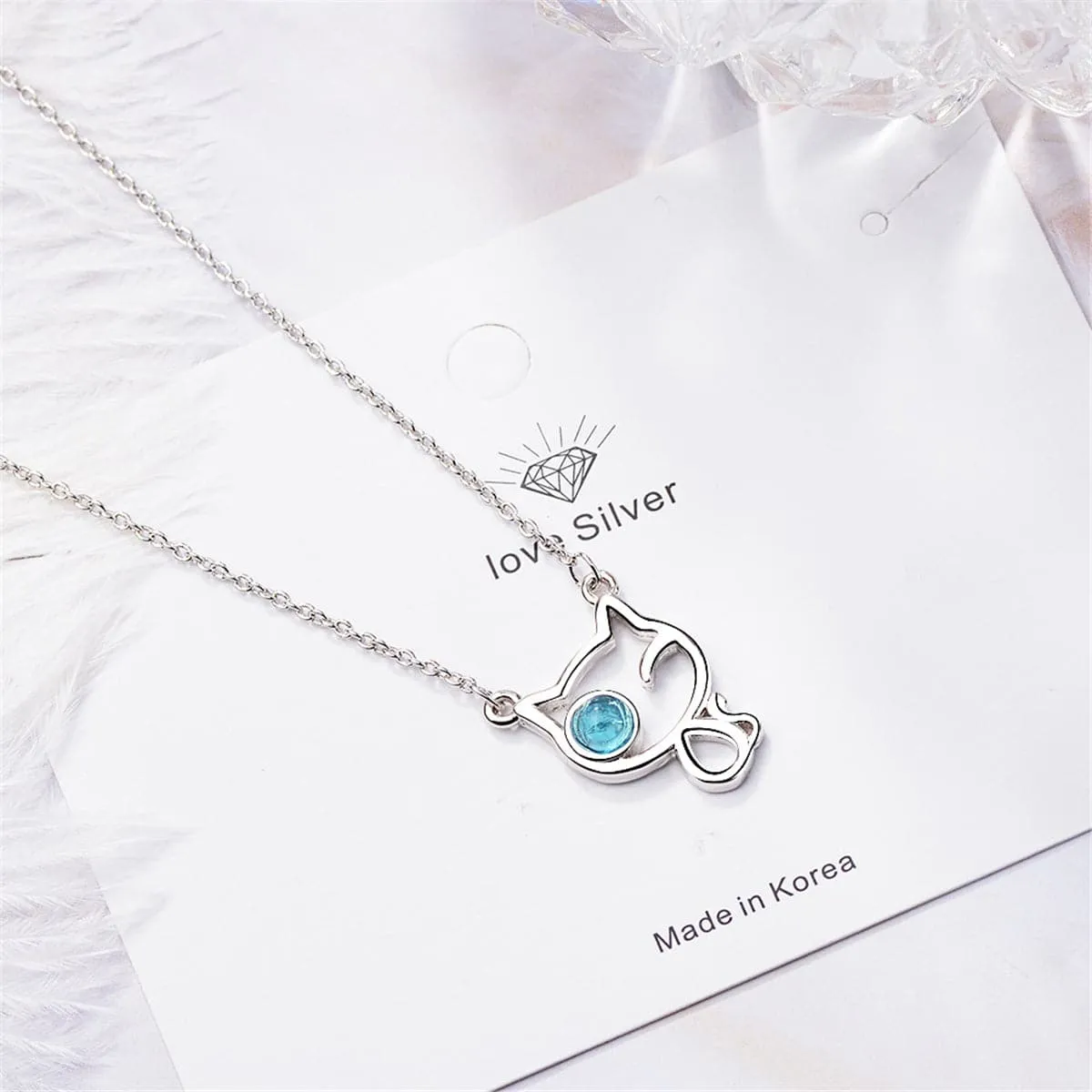 Blue Moonstone & Silver-Plated Cat Pendant Necklace