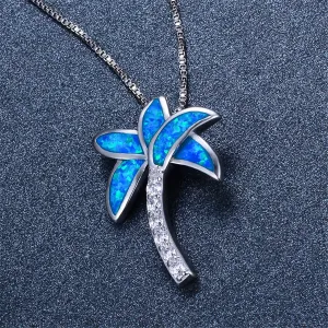 Blue Opal & Cubic Zirconia Palm Tree Pendant Necklace