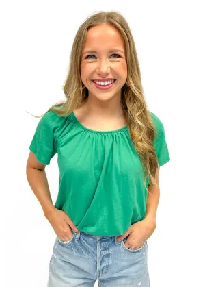Bobi Shirred Boatneck S/S Top - Shamrock