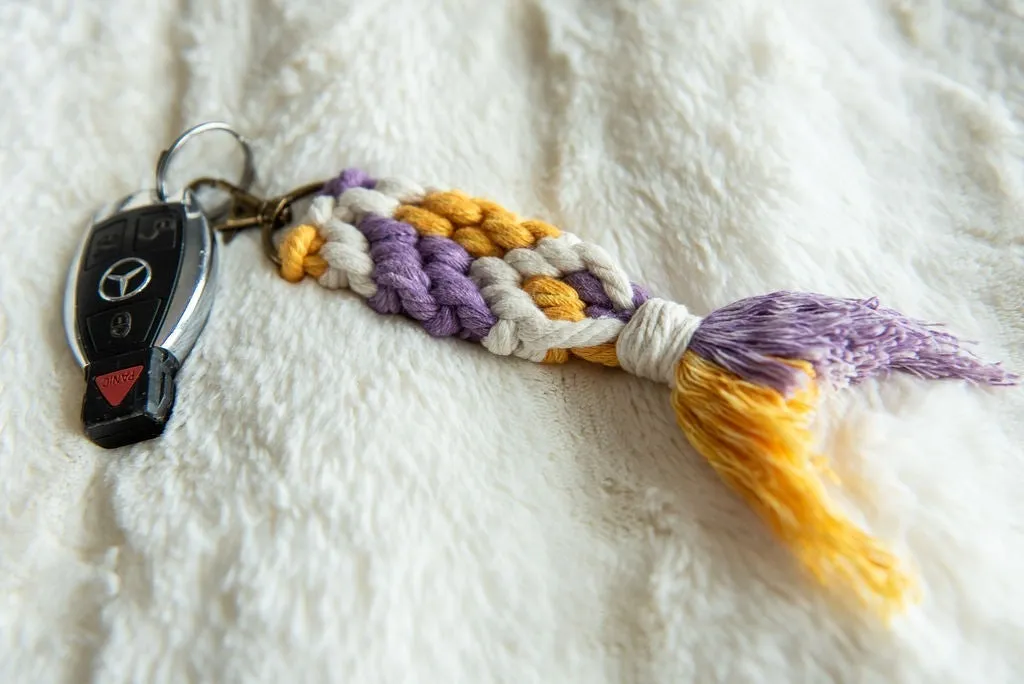 Boho Macramé Keychain in Lavender, Gold & Ivory
