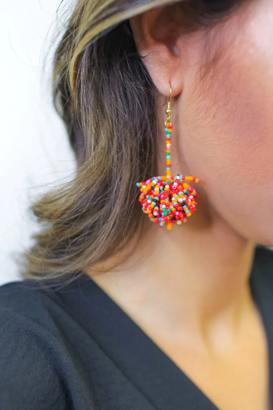 Broadway Beaded Pom Pom Earrings in Multi