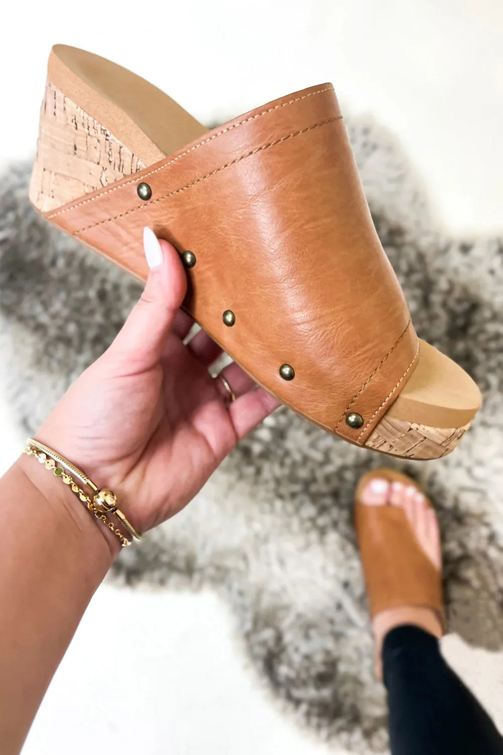 Brown Asymmetric Leather Cut Rivet Wedge Slippers