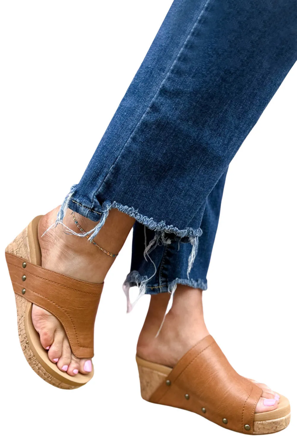 Brown Asymmetric Leather Cut Rivet Wedge Slippers