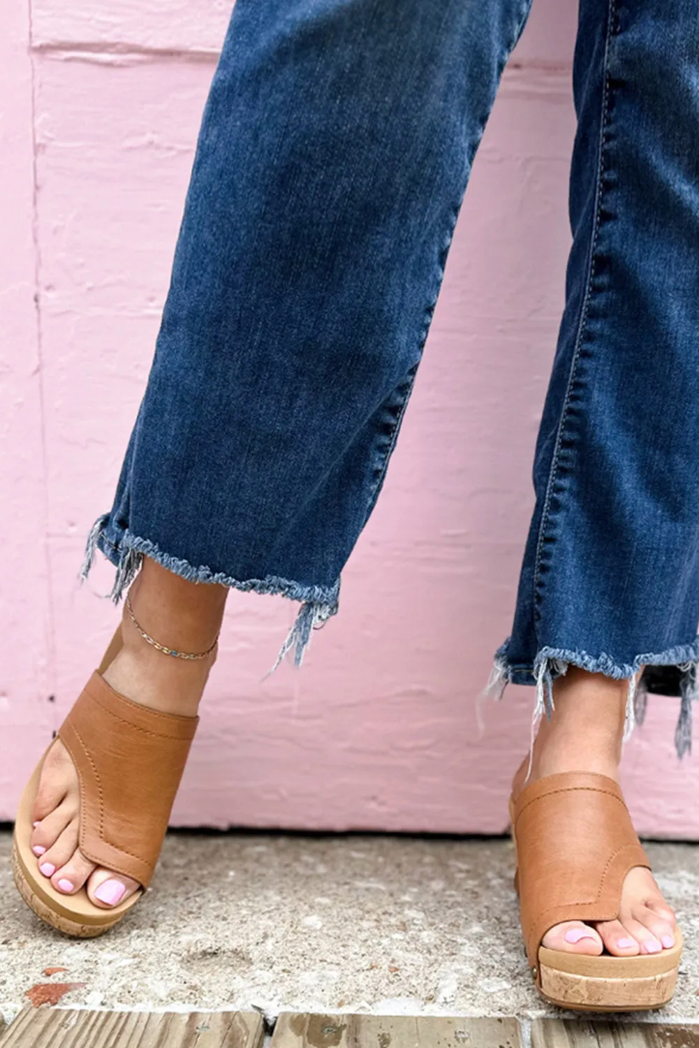 Brown Asymmetric Leather Cut Rivet Wedge Slippers