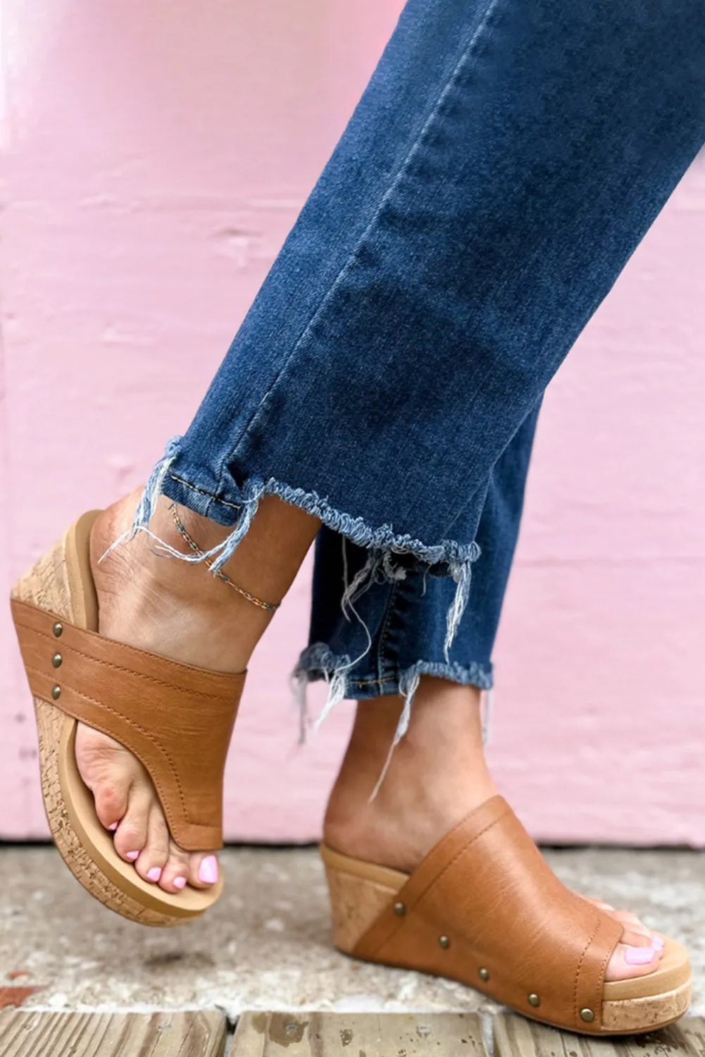 Brown Asymmetric Leather Cut Rivet Wedge Slippers