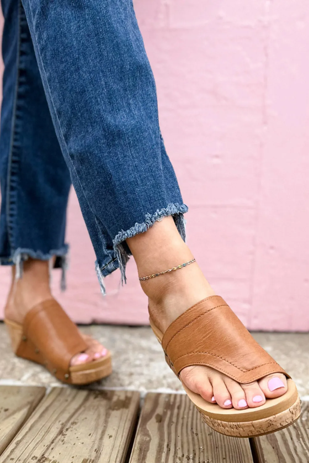 Brown Asymmetric Leather Cut Rivet Wedge Slippers